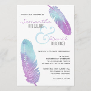 Invitation Boho Bohemian Feather Mariage violet et bleu