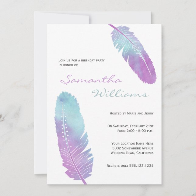 Invitation Boho Bohemian Feather violet fête d'anniversaire (Devant)