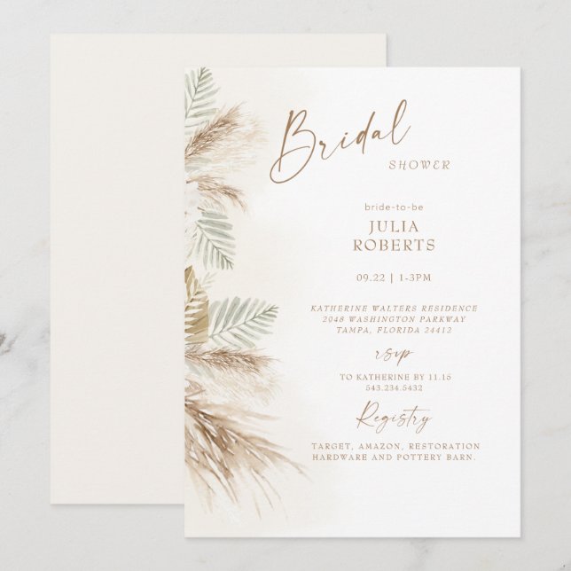 Invitation Boho Bohemian Pampas Grass Fête des mariées beige (Devant / Derrière)