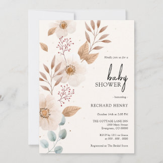 Invitation Boho Bohemian Rustique Floral Beige Baby shower fi