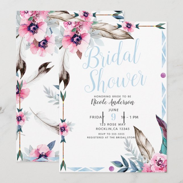 Invitation Boho Bohemian Tribal Chic Floral Watercolor Bride (Devant / Derrière)