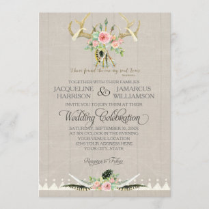 Invitation BOHO Bohemian Tribal Deer Antler Feathers Art Rose
