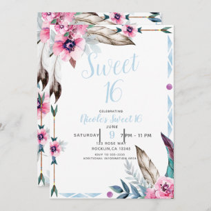Invitation Boho Bohemian Tribal Floral Watercolor Sweet 16