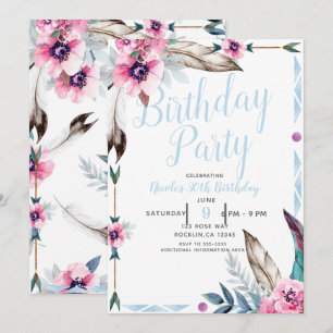 Invitation Boho Bohémien Tribal Floral Aquarelle Anniversaire