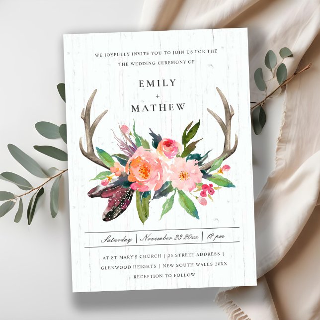 INVITATION BOHO BOHO BLUSH ANTLER MARIAGE CAMPAGNARD FLORAL E (Créateur téléchargé)