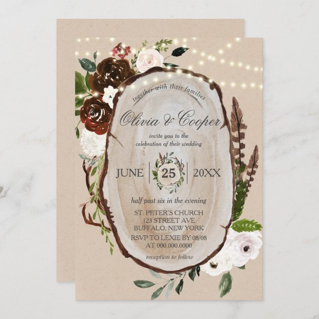 Invitation Boho Bois Slice Feather Marsala Floral Mariage Dan (Devant / Derrière)