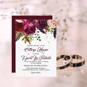 Invitation Boho Bold Bourgogne & Gold Floral Mariage