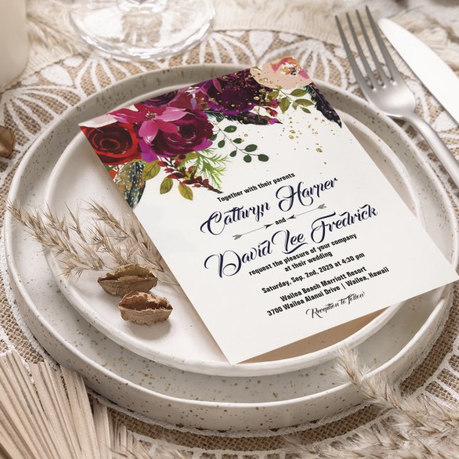 Invitation Boho Bold Burgundy Floral Mariage (Créateur téléchargé)