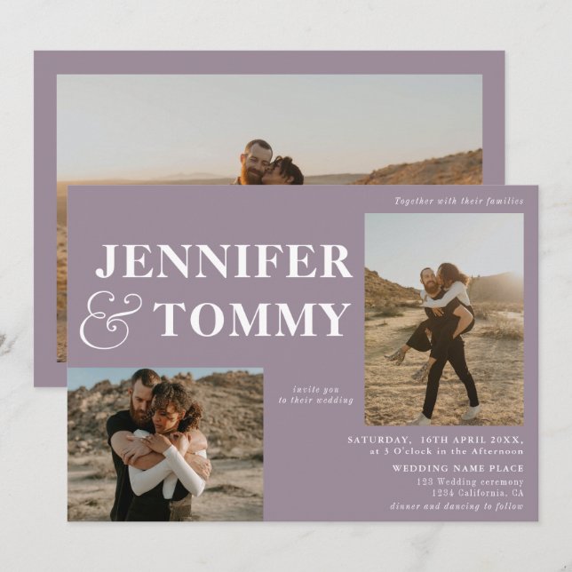 Invitation Boho bold names rétro 3 photos mariage violet (Devant / Derrière)