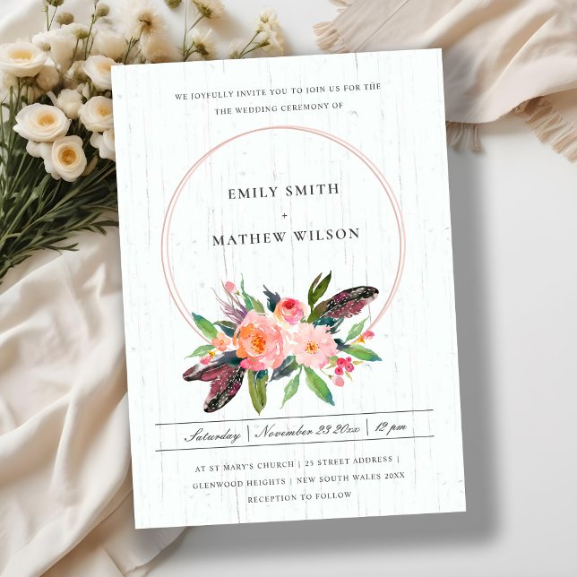 INVITATION BOHO BOOD FEATHER BLUSH FLORAL WREATT MARIAGE (Créateur téléchargé)