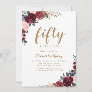 Invitation Boho bordeaux aquarelle florale 50e anniversaire