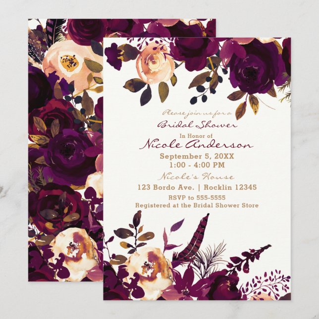 Invitation Boho Bordeaux Marron Floral Automne Enterrement de (Devant / Derrière)