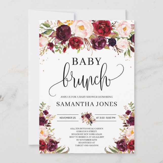 Invitation Boho bordeaux marsala floral or bébé brunch (Devant)