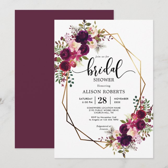 Invitation Boho bordo mariage géométrique douche nuptiale (Devant / Derrière)