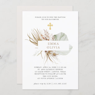 Invitation Boho Botanical   Baptême avec Croix d'or