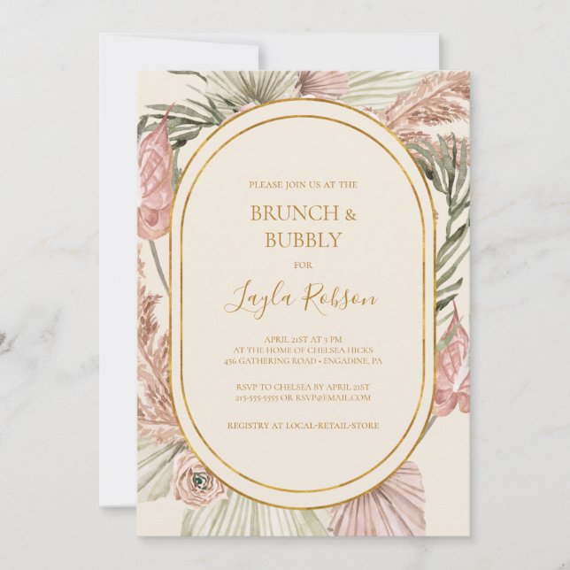Invitation Boho Botanical Dusty Rose Brunch et Bubbly Douche (Devant)