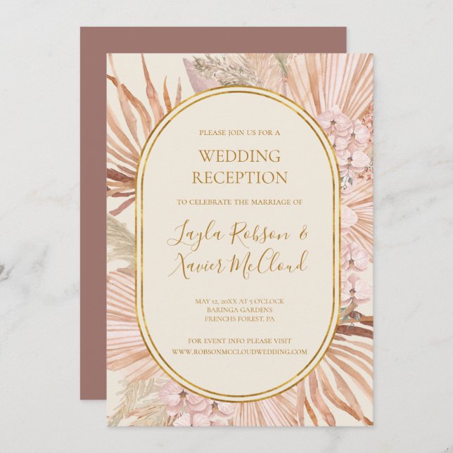 Invitation Boho Botanical | Dusty Rose Mariage Réception (Devant / Derrière)