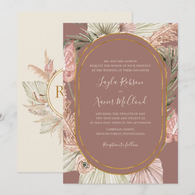 Invitation Boho Botanical | Dusty Rose Mariage traditionnel (Devant / Derrière)