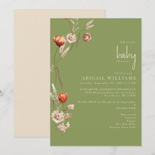 Invitation Boho Botanical Moss Green & Cream Baby shower (Devant / Derrière)