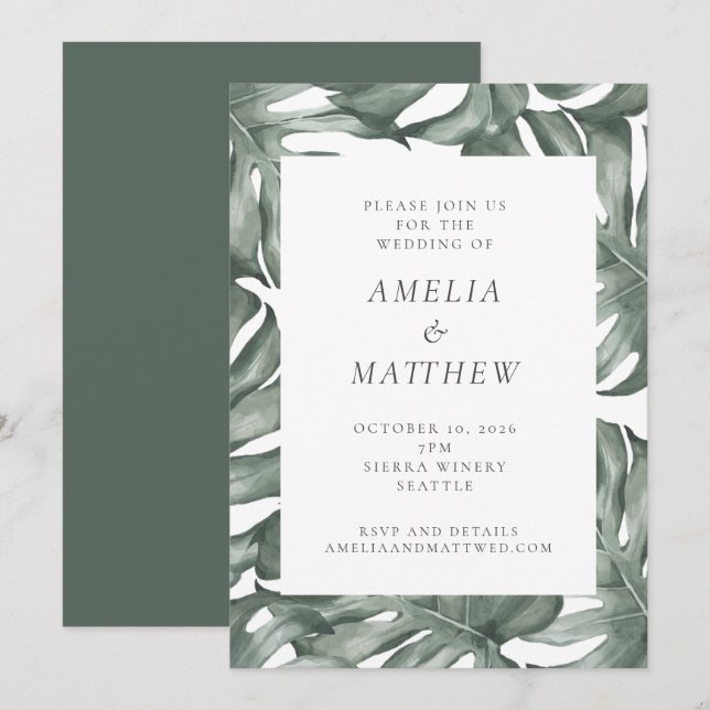 Invitation Boho Botanique Aquarelle Monstera Vert Mariage (Devant / Derrière)