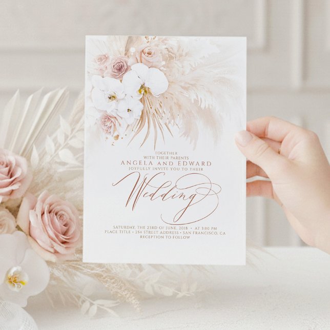Invitation Boho Botanique Orchidées Blanches Pampas Mariage e (White Orchids and Pampas Grass Boho Wedding Invitations)