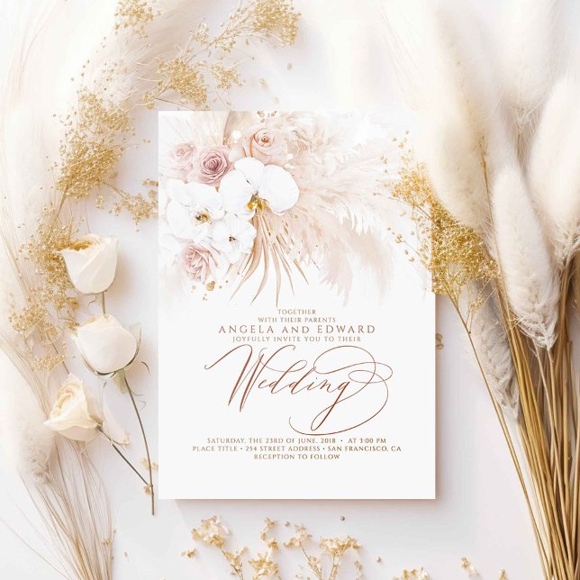 Invitation Boho Botanique Orchidées Blanches Pampas Mariage e (White Orchids and Pampas Grass Boho Wedding Invitations)