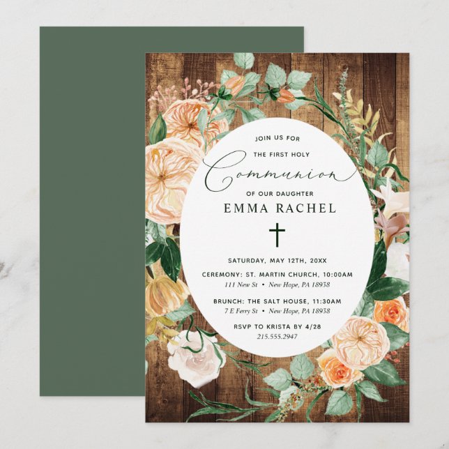 Invitation Boho Botanique Personnalisé Rustic Wood Communion (Devant / Derrière)