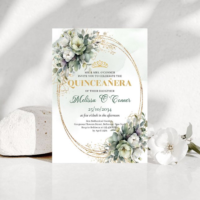 Invitation Boho Botanique Quinceañera Verdure Or (Boho Botanical Quinceañera Greenery Gold Invitation)