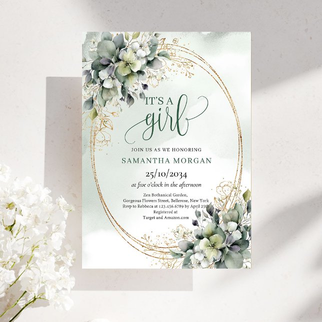 Invitation Boho Botanique Vert Blanc Foliage C'est Une Fille (Boho Botanical Green White Foliage Look It’s A Girl Invite)