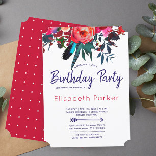 Invitation Boho bouquet floral bleu marine rouge fête d'anniv