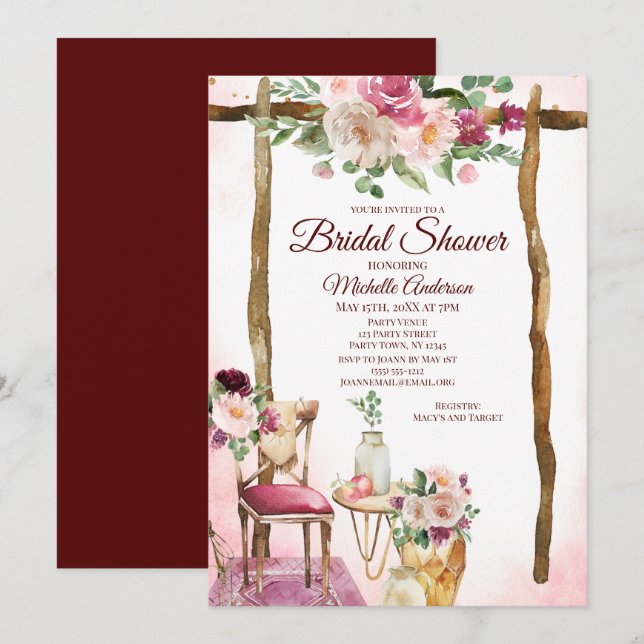Invitation Boho Bourgogne aquarelle Fête des mariées d'arc fl (Devant / Derrière)