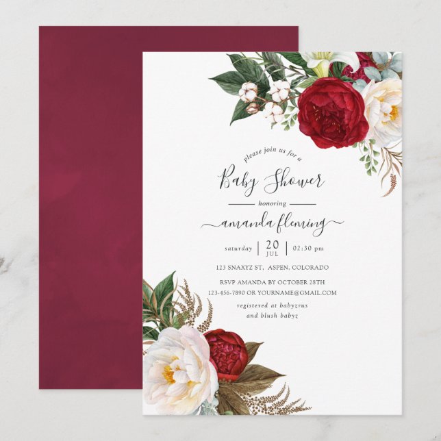 Invitation Boho Bourgogne - Baby Shower Floral Marsala (Devant / Derrière)