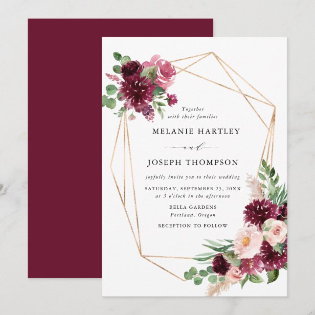 Invitation Boho Bourgogne & Blush Floral Cadre Doré Mariage (Devant / Derrière)