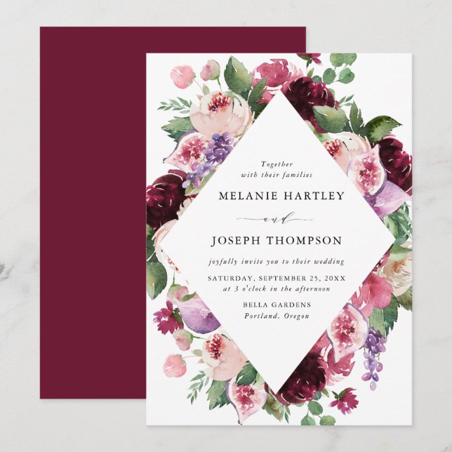 Invitation Boho Bourgogne & Blush Floral et Fruit Mariage (Devant / Derrière)
