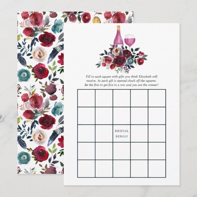 Invitation Boho Bourgogne et Bingo de mariage à la dégustatio (Devant / Derrière)