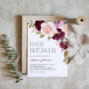 Invitation Boho Bourgogne et fleurs de pêche Baby shower d'au