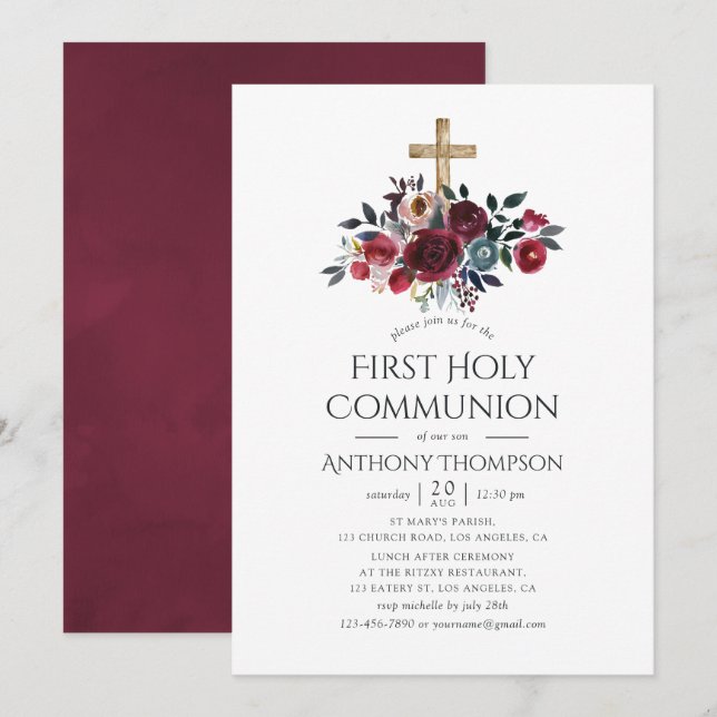 Invitation Boho Bourgogne et floral marine Première communion (Devant / Derrière)