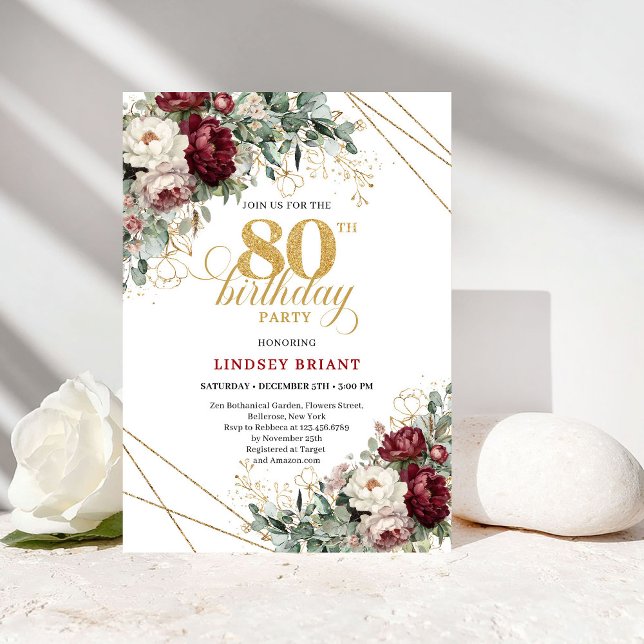 Invitation Boho Bourgogne Eucalyptus Floral 80e Anniversaire (Boho Burgundy Eucalyptus Floral 80th Birthday)