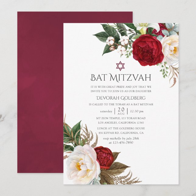 Invitation Boho Bourgogne - Fête de Bar Mitzvah Florale Marsa (Devant / Derrière)