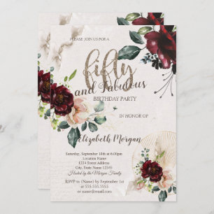 Invitation Boho Bourgogne Fleurs 50e fête d'anniversaire