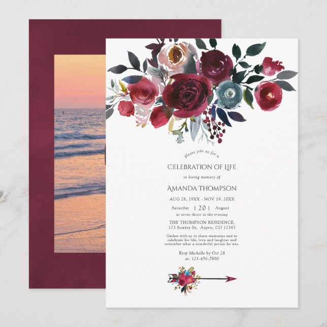 Invitation Boho Bourgogne & Fleurs de Navy Célébration de la  (Devant / Derrière)
