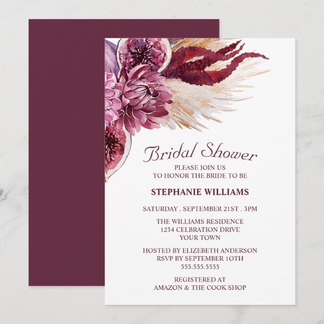 Invitation Boho Bourgogne Fleurs d'Herbe de Pampas Salle de M (Devant / Derrière)