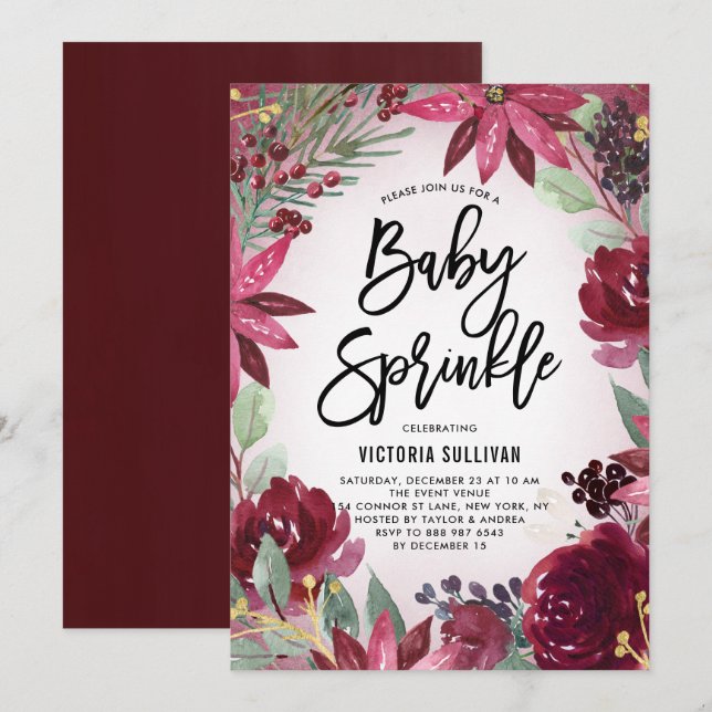 Invitation Boho Bourgogne Hiver Baby shower Floral Saupoudrer (Devant / Derrière)