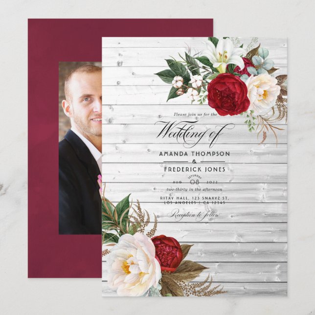 Invitation Boho Bourgogne - Mariage Floral Bohème Marsala (Devant / Derrière)