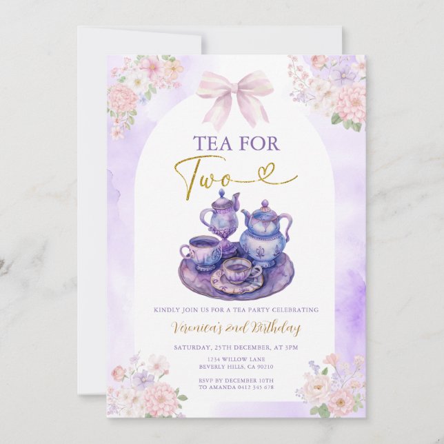 Invitation Boho Bow Purple Tea for two girl Birthday flowers (Devant)