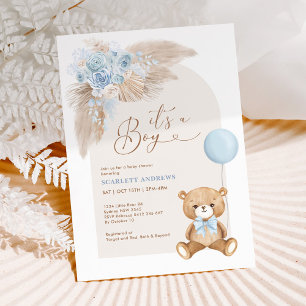 Invitation Boho Boy Teddy Bear Baby shower de ballon