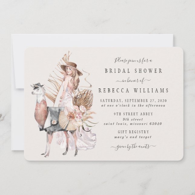 Invitation Boho Bride et Llama Fête des mariées (Devant)