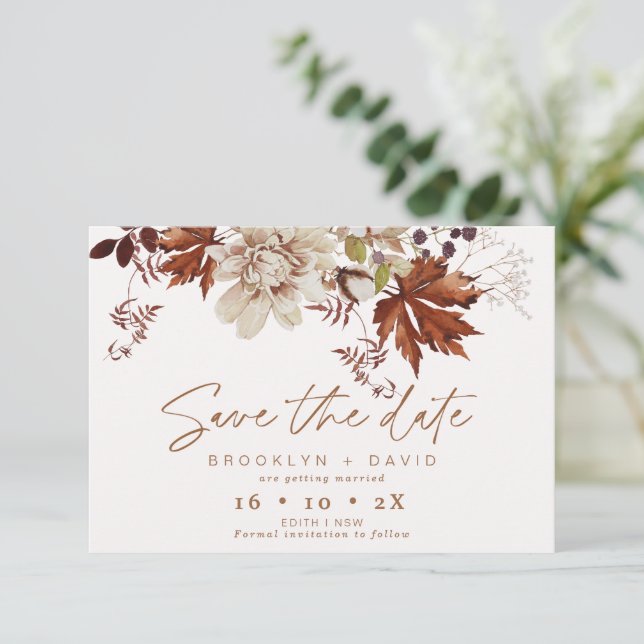 Invitation Boho Brown Automne Floral Mariage Enregistrer La C (Debout devant)