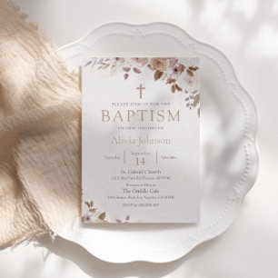 Invitation Boho Brown Floral Baptême Christening