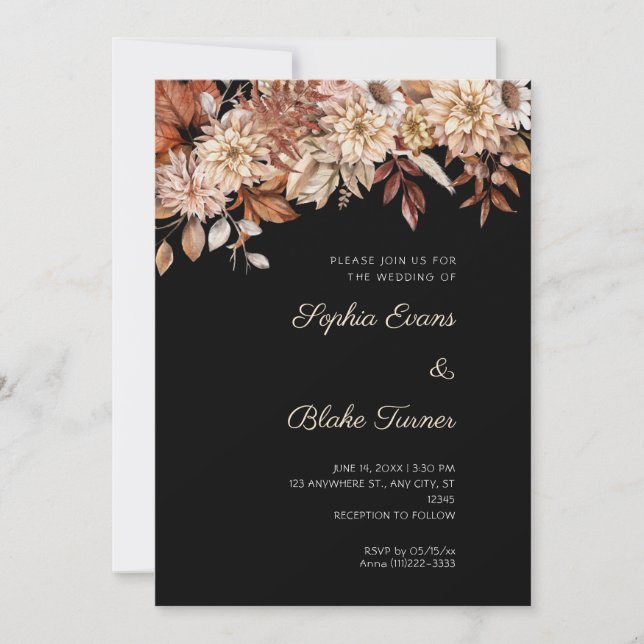 Invitation Boho Brown Floral hiver noir Mariage (Devant)